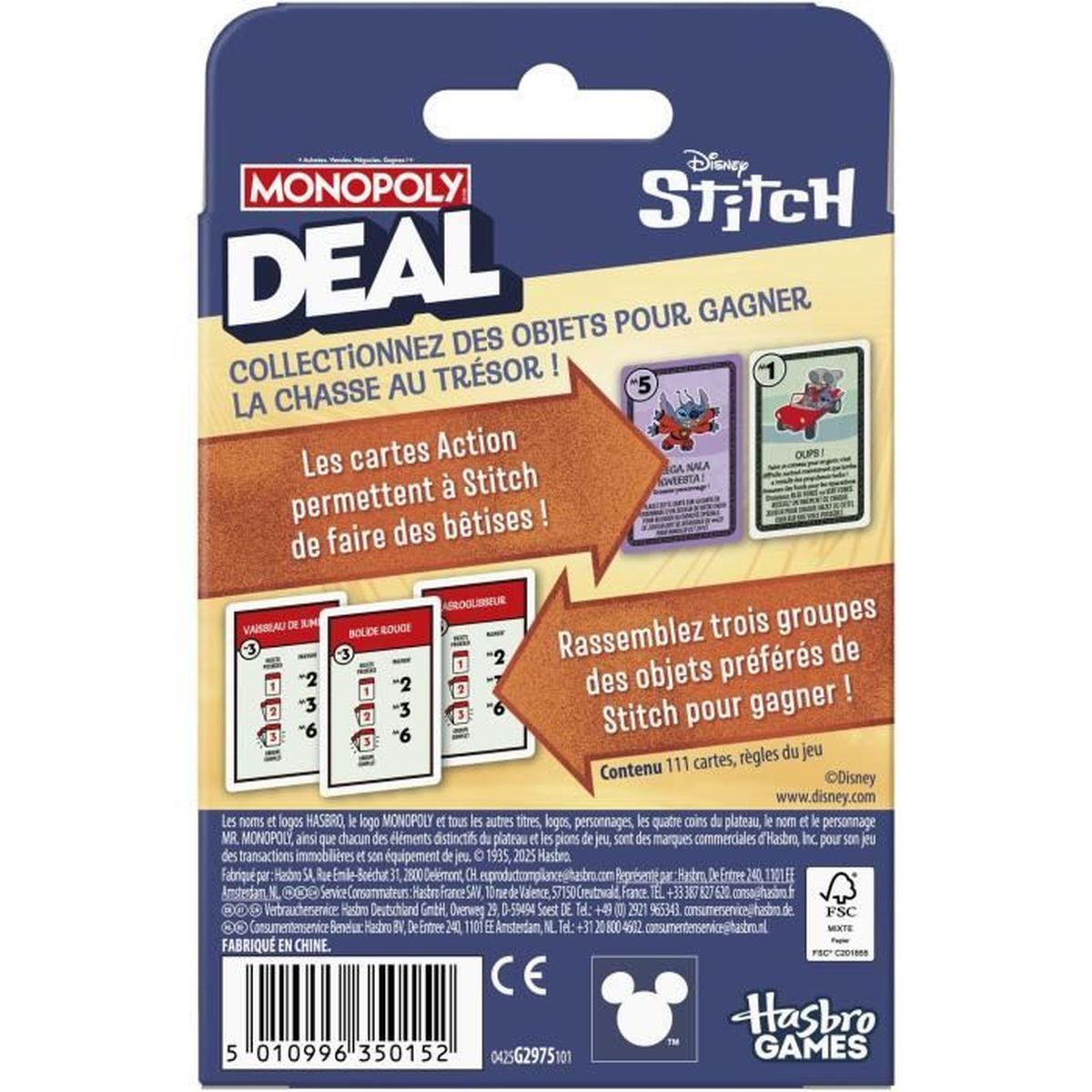 Scatola del gioco di carte Monopoly Deal. Con Stitch, carte e testo in inglese e francese.