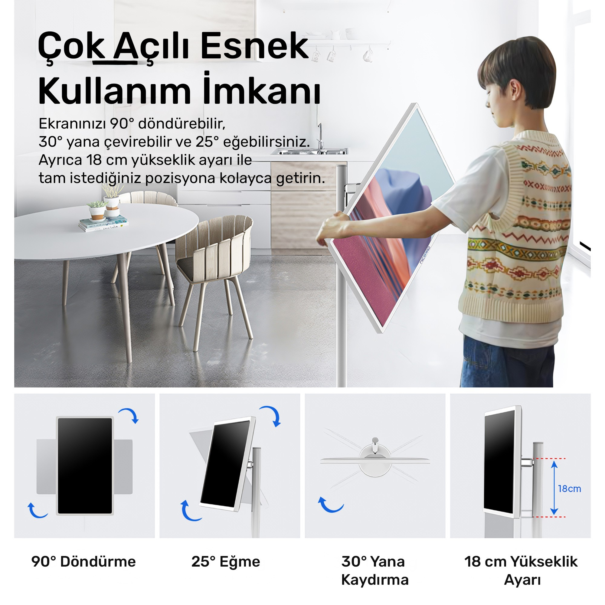 Bir kişi, döndürme ve eğme özelliklerini gösteren bir ekran tutuyor. Metin, esnek kullanım ve ayar seçeneklerini açıklıyor.