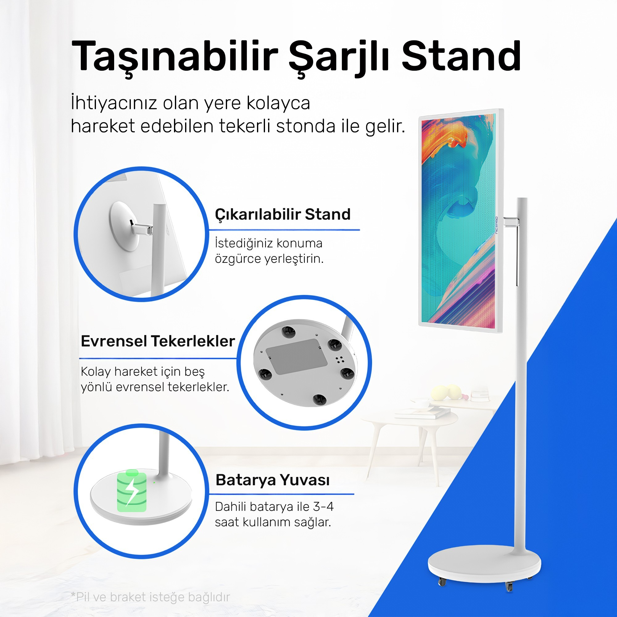 Ekranlı beyaz bir şarj standı. Tekerlekleri ve pil yuvası vardır, Türkçe metin içerir.