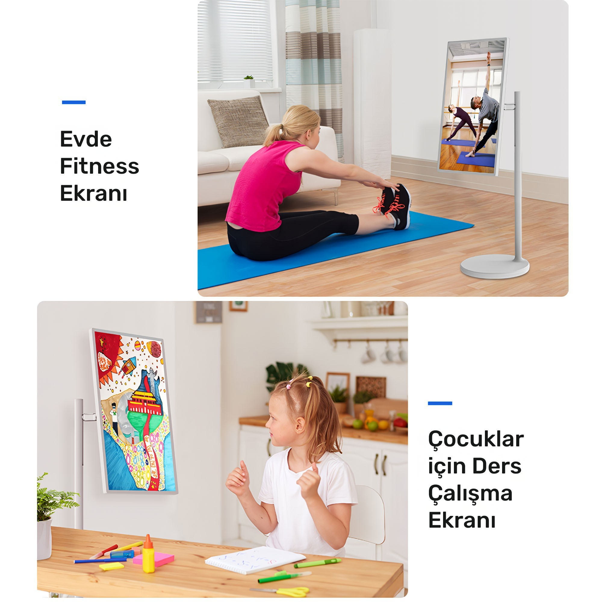 Kadın mat üzerinde esner, aynalı fitness ekranı. Çocuk masada çizim yapıyor, çizim gösteren ekran.