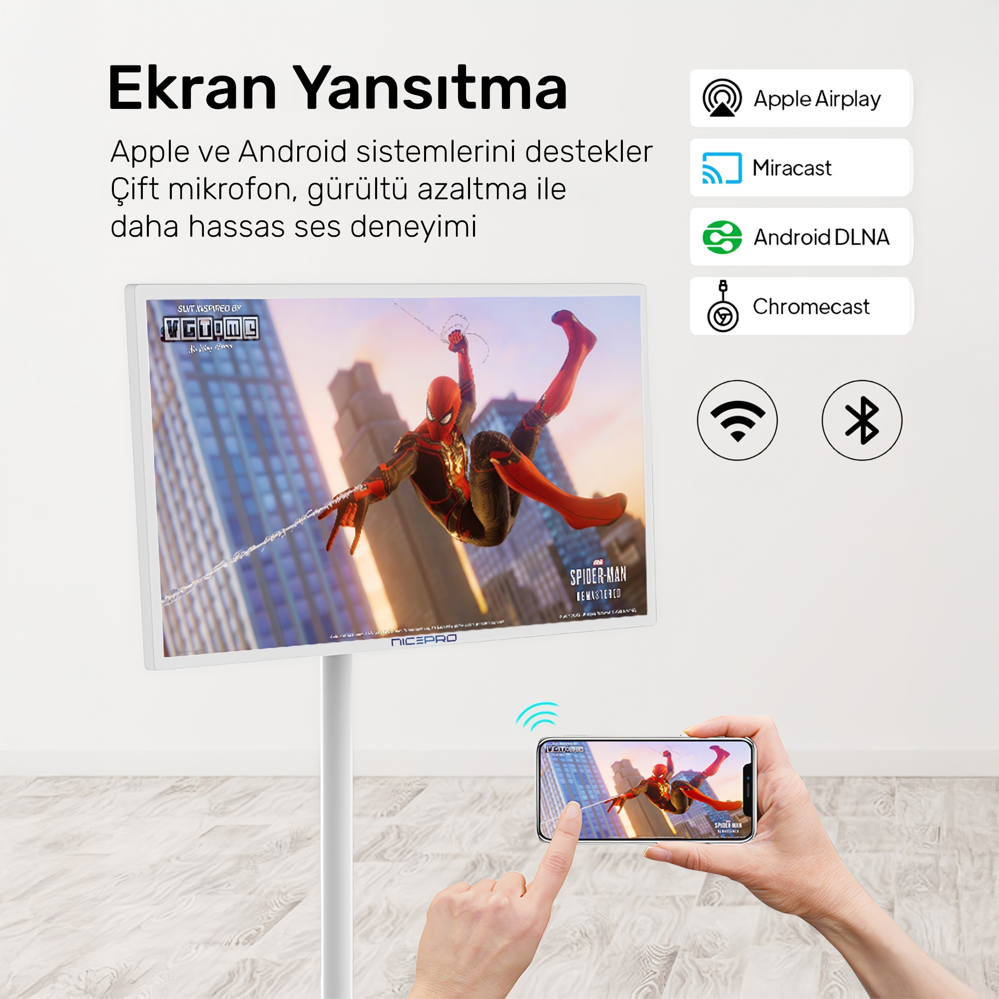 Bir ekran Örümcek Adam'ı gösteriyor. Bir telefon ekranı yansıtıyor. Diğer simgeler: Apple Airplay, Miracast, Android DLNA, Chromecast.