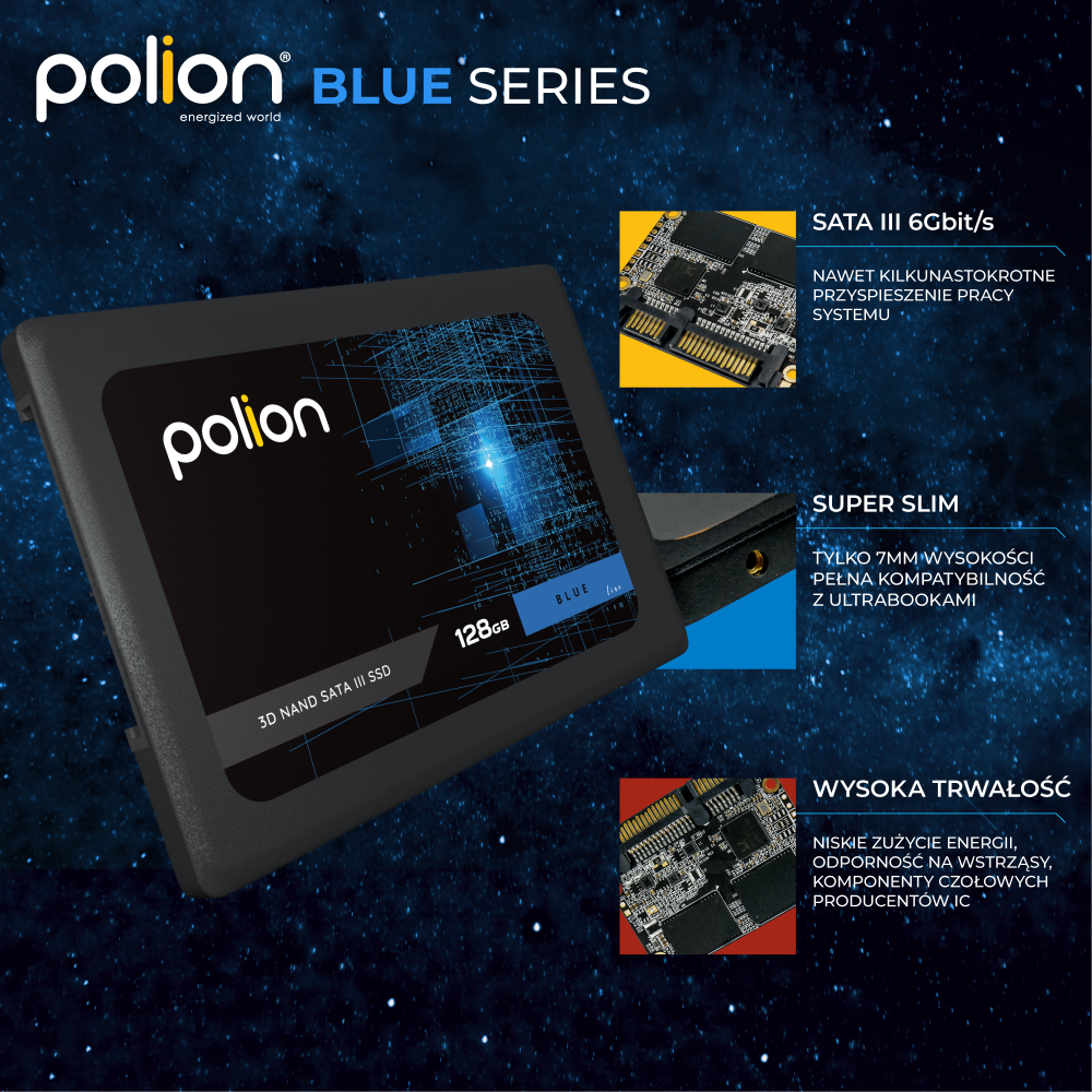 Dysk SSD Polion Blue Series. Produkt jest czarny i niebieski z danymi technicznymi i tłem z efektem gwiazd.