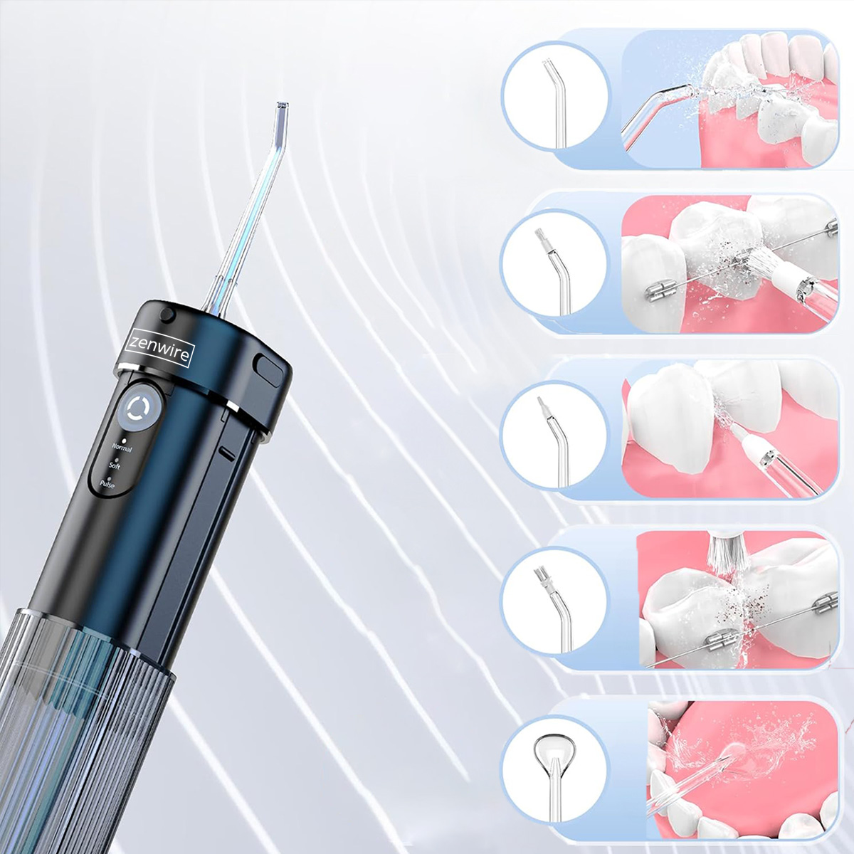 Elektryczny irygator do zębów z różnymi końcówkami. Demonstracje pokazują czyszczenie zębów, w tym z aparatami ortodontycznymi, strumieniami wody.