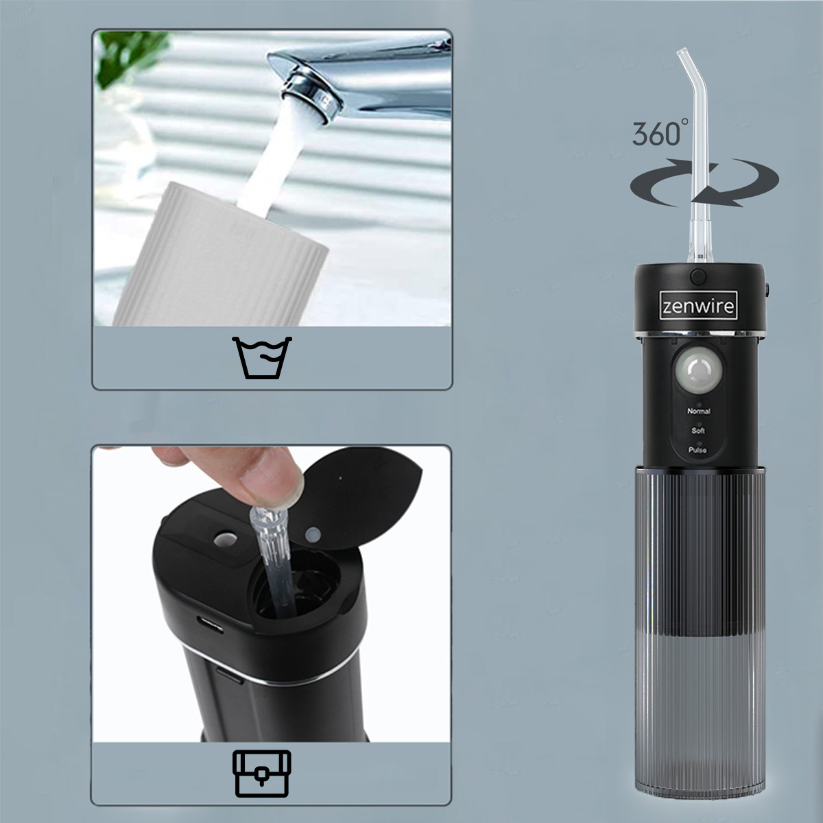 Obraz przedstawia irygator do jamy ustnej i jego części. Zawiera strumień wody, dłoń wkładającą dyszę i korpus irygatora.