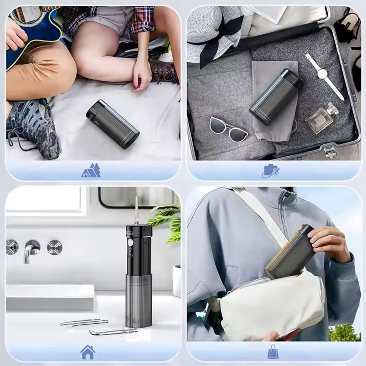 Cztery sceny przedstawiające czarno-szary irygator do jamy ustnej. Sceny obejmują piknik, walizkę, łazienkę i osobę z torbą.