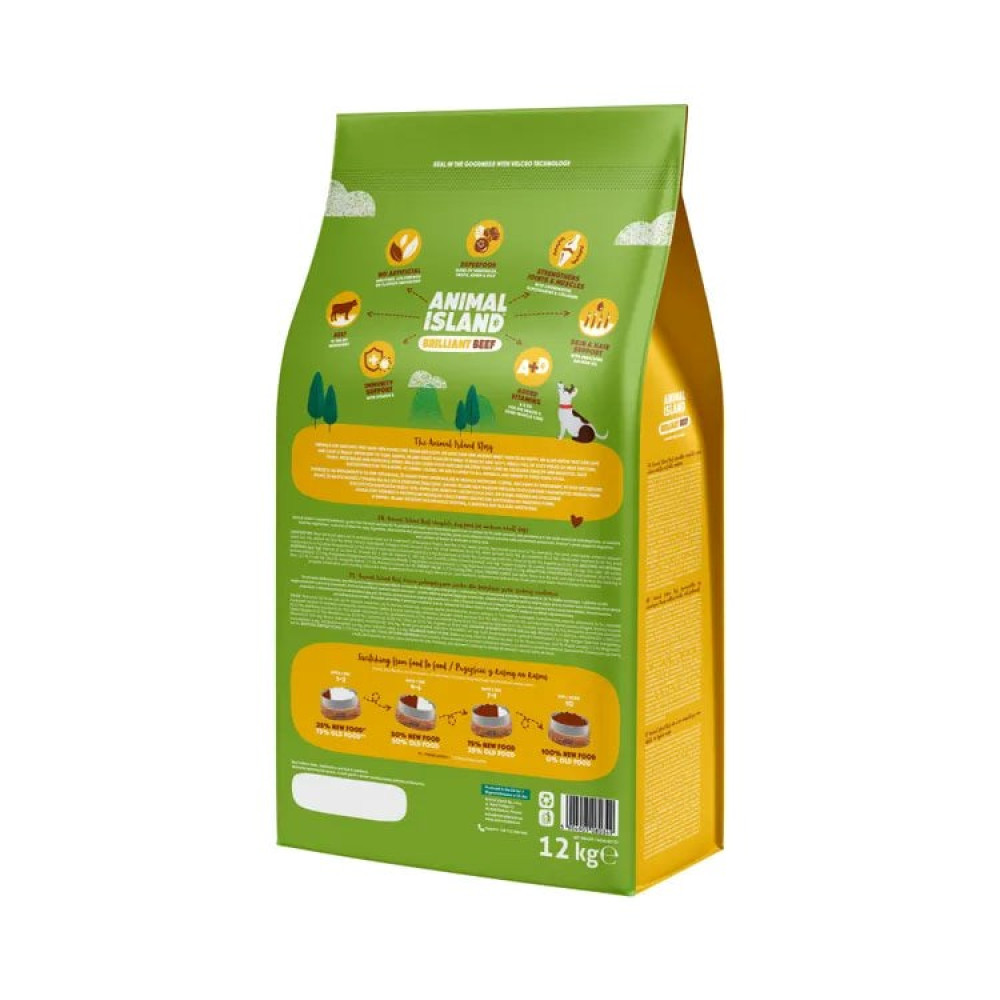 Zielono-żółta torba karmy dla psów Animal Island. Zawiera tekst, ilustracje psa, drzew i porcji jedzenia. 12 kg.