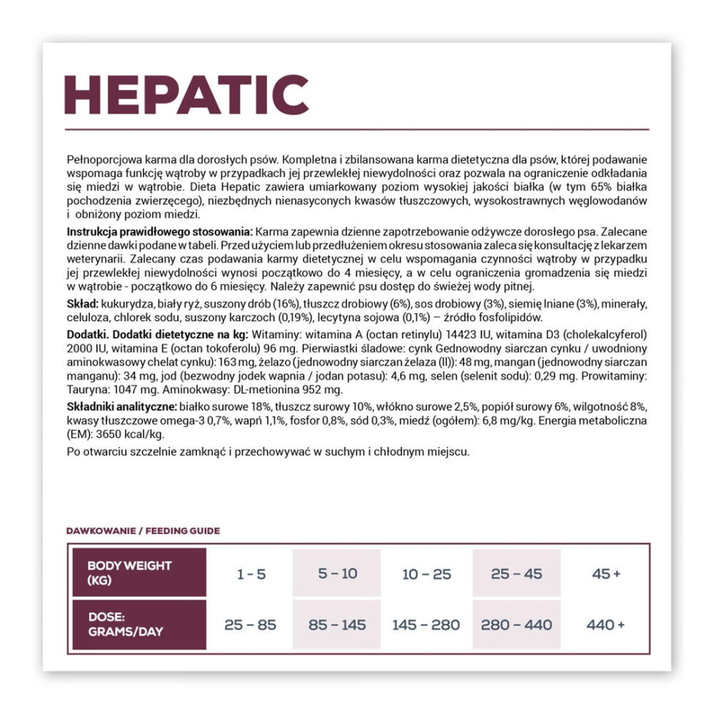 Opakowanie karmy dla psów z tekstem i przewodnikiem karmienia. Tekst brzmi 'Hepatic' i zawiera szczegóły dotyczące składników i dawkowania.