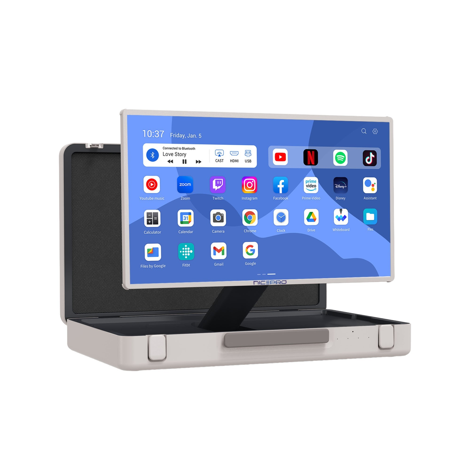 YouTube, Netflix ve Zoom gibi uygulamaların olduğu bir tablet. Siyah bir standı olan beyaz bir kasada.