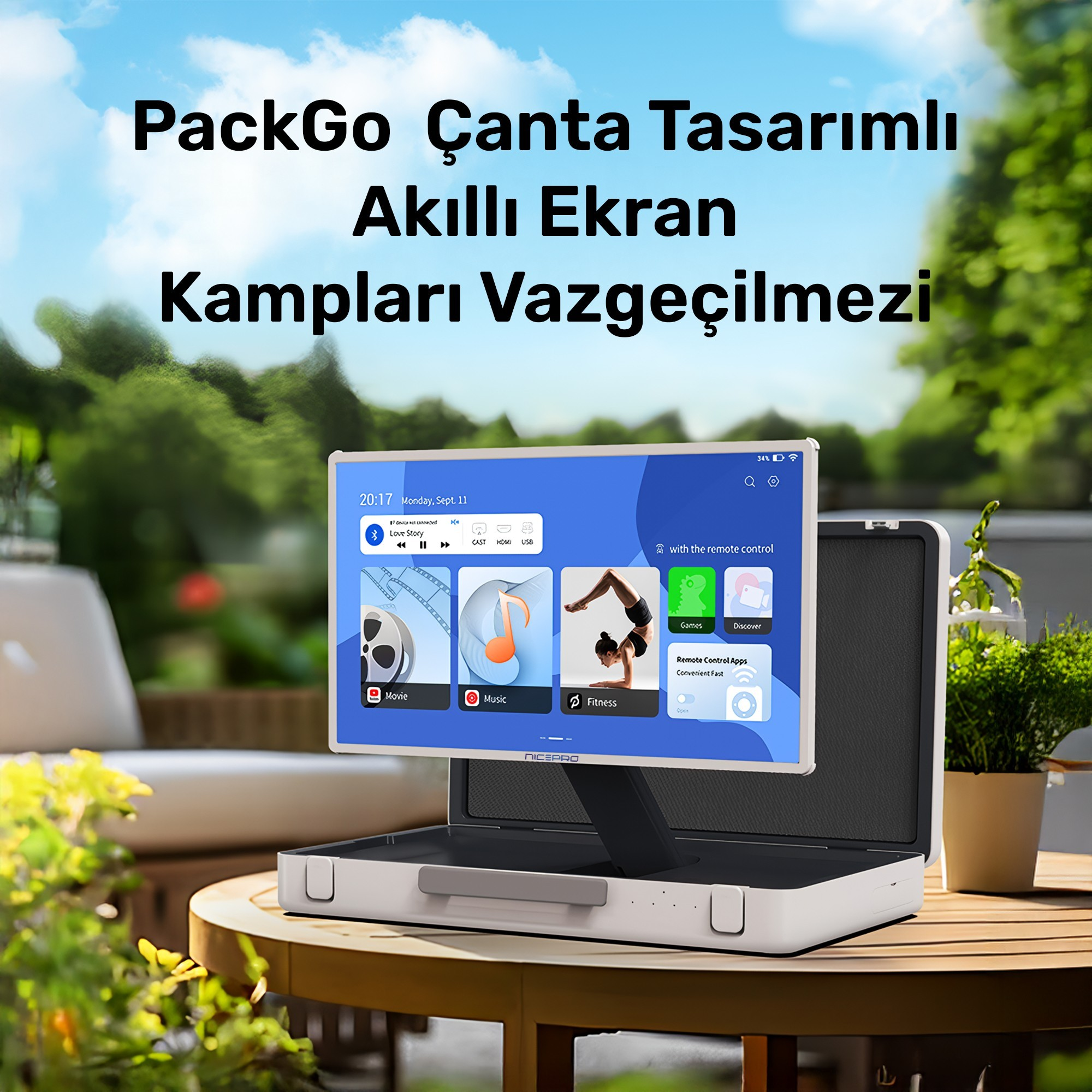 Bir evrak çantası tasarımındaki akıllı ekran, bulanık yeşil bir arka plan üzerinde, açık havada ahşap bir masada uygulamaları gösteriyor.