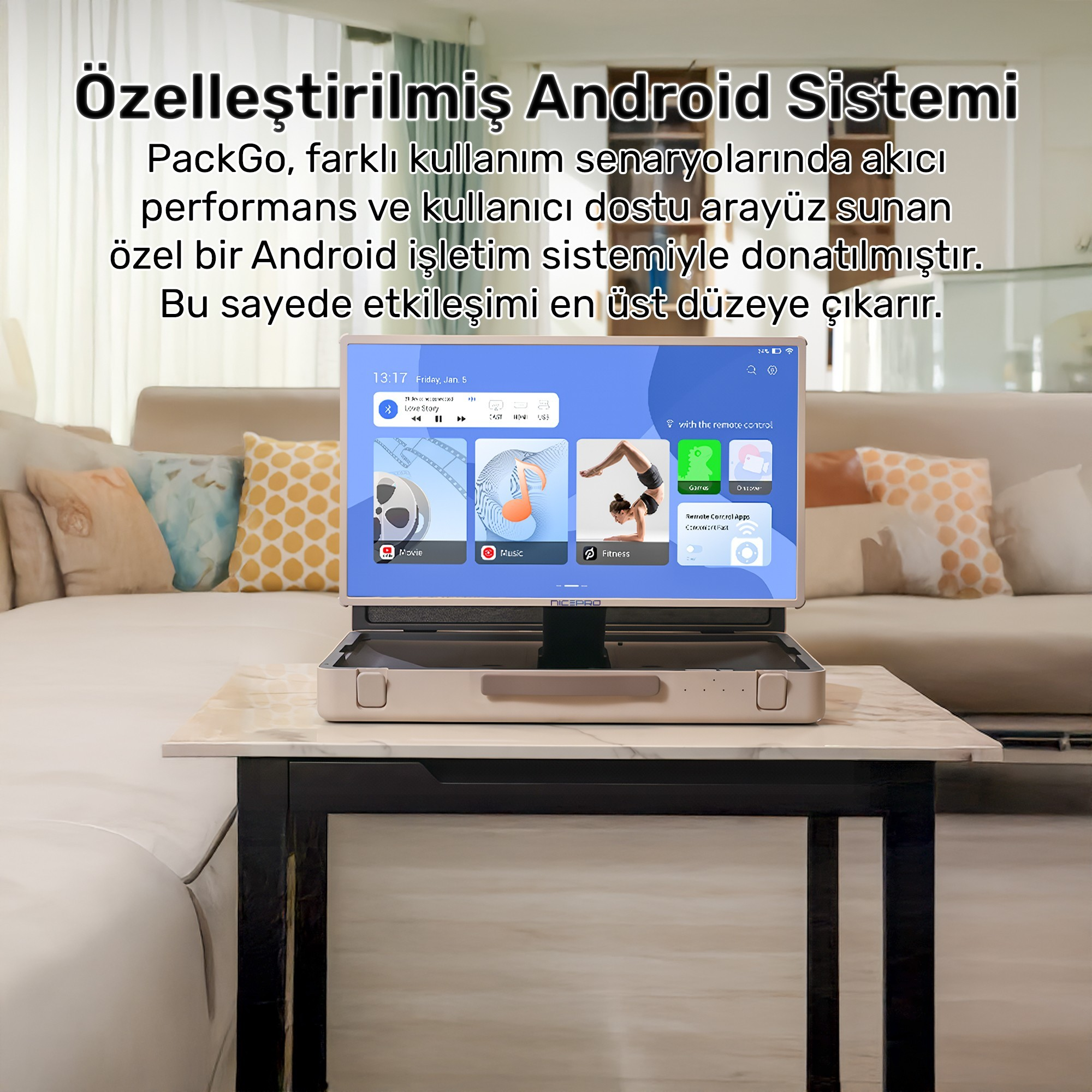 Bir TV ekranı, bir masada uygulamaları gösteriyor. Arkada yastıklı bir kanepe var. Üstte Türkçe metin.
