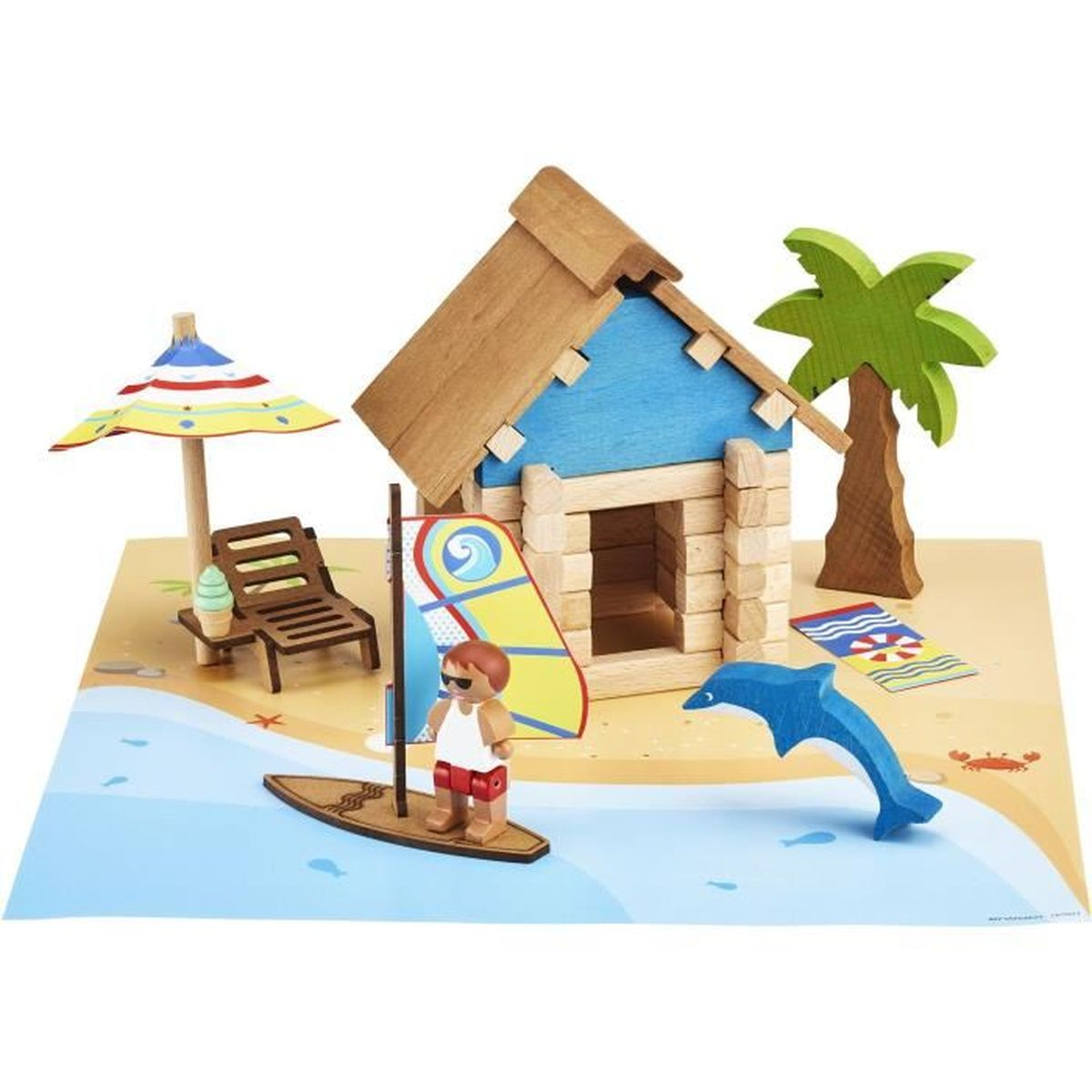 Scena di spiaggia in legno con capanna, palma, delfino, surfista, sedia a sdraio e ombrellone. La scena è su una superficie color sabbia.