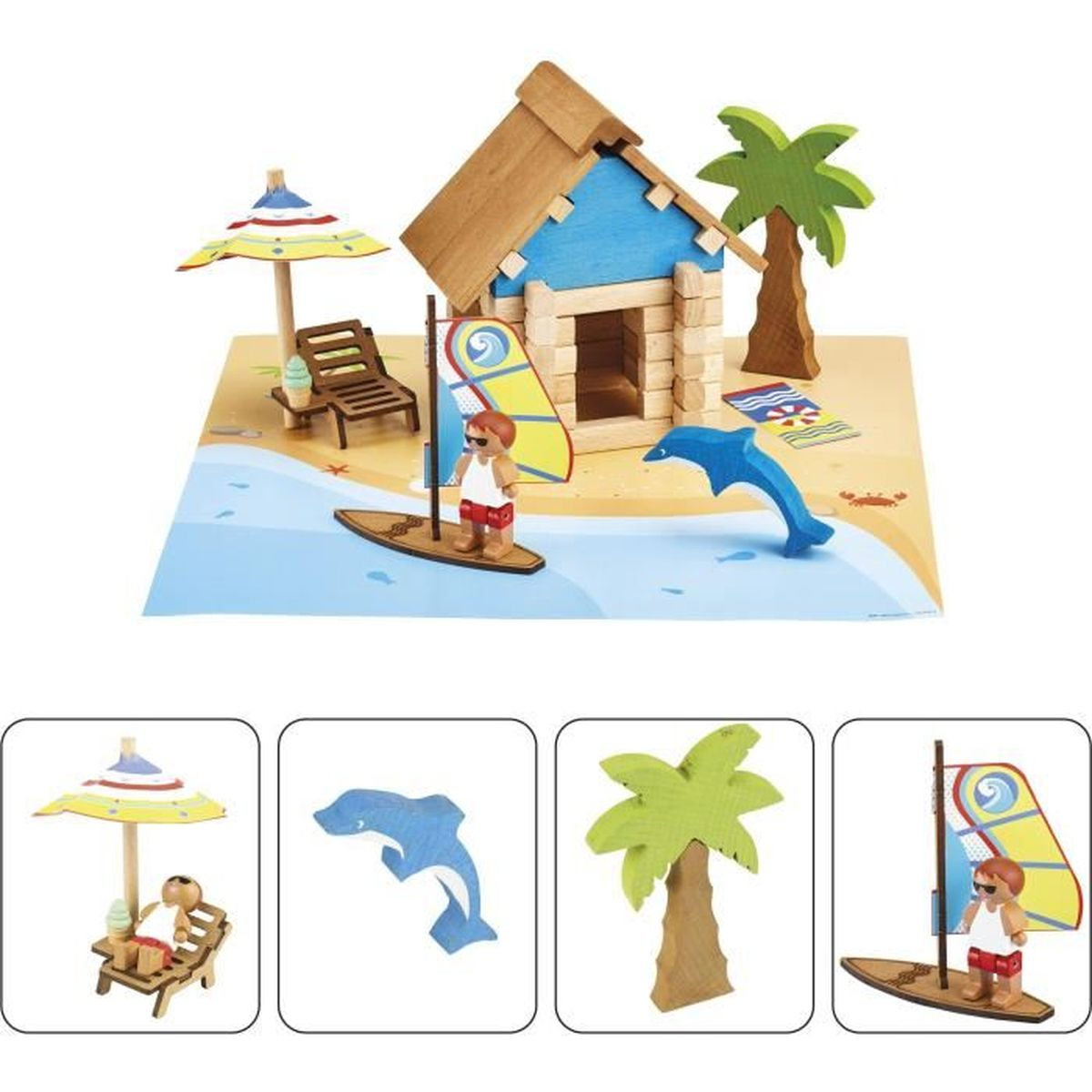 Scena di spiaggia in legno con casa, surfista, delfino, palma e ombrellone. Elementi su spiaggia sabbiosa e sfondo acqua blu.