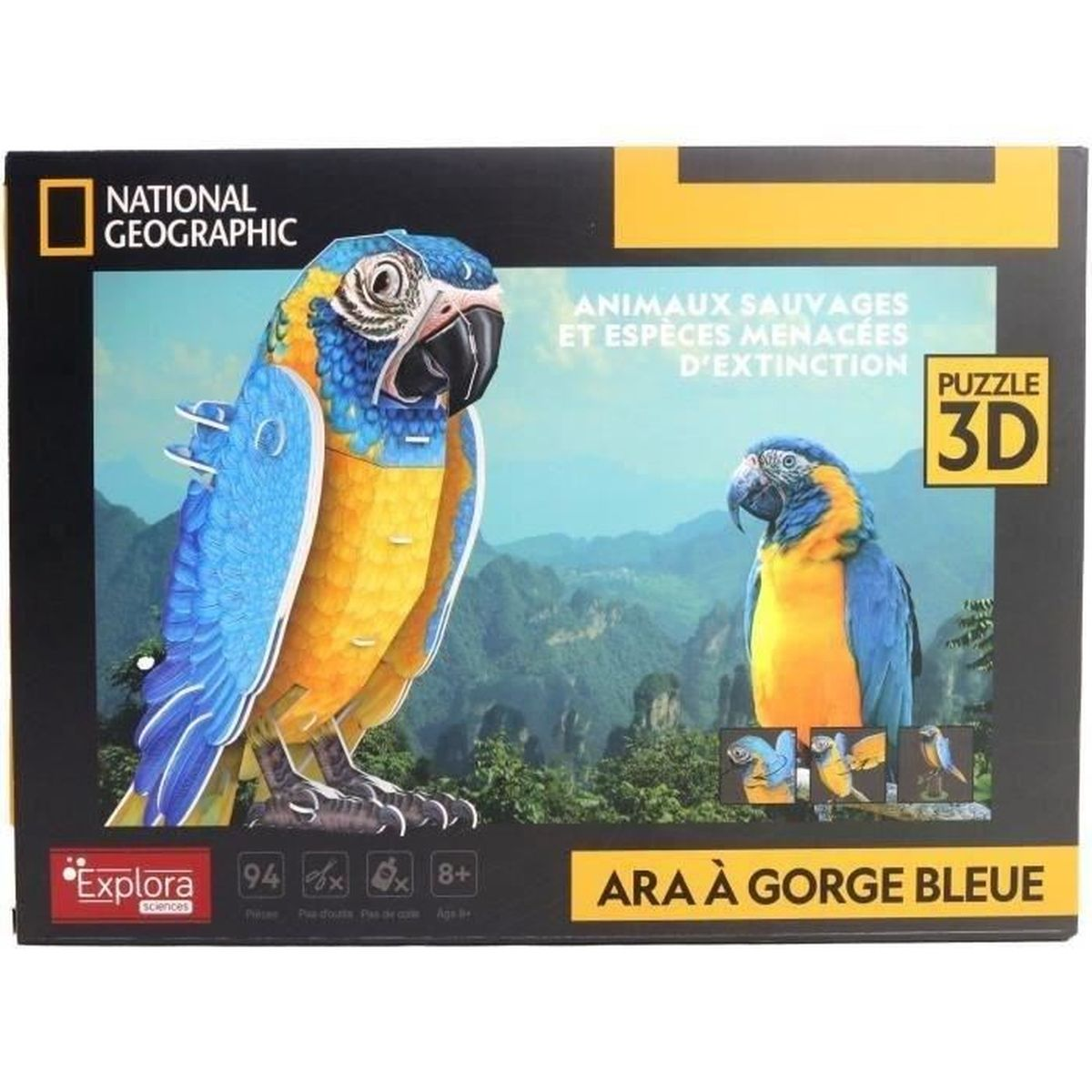 Una scatola con un puzzle 3D di un'ara a gola blu. La scatola ha testo in francese e il logo di National Geographic.