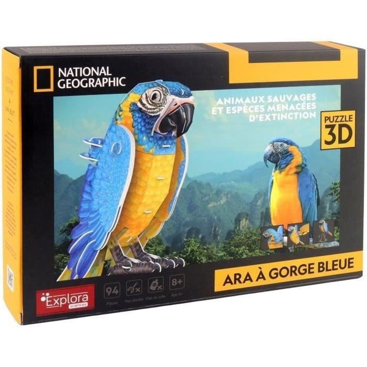 Scatola di puzzle 3D con un ara gola blu. La scatola mostra un puzzle completo e dettagli come 'National Geographic'.