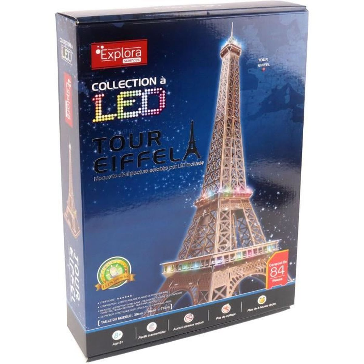 Scatola che mostra un kit modello LED della Torre Eiffel. La scatola presenta testo in francese e immagini della torre illuminata.
