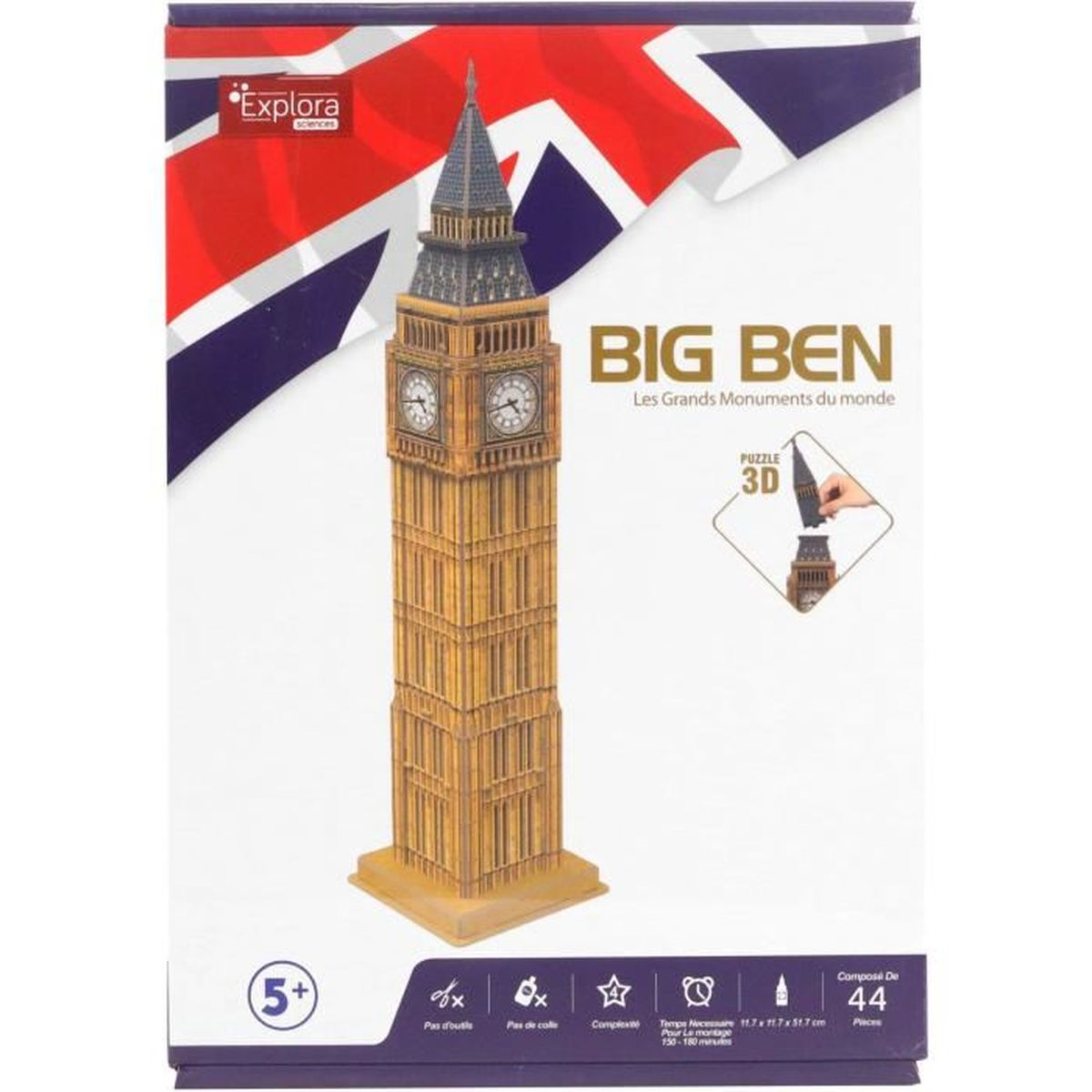 Una scatola con un puzzle del Big Ben. Ha la Union Jack e testo in francese. L'età è 5+ e ha 44 pezzi.