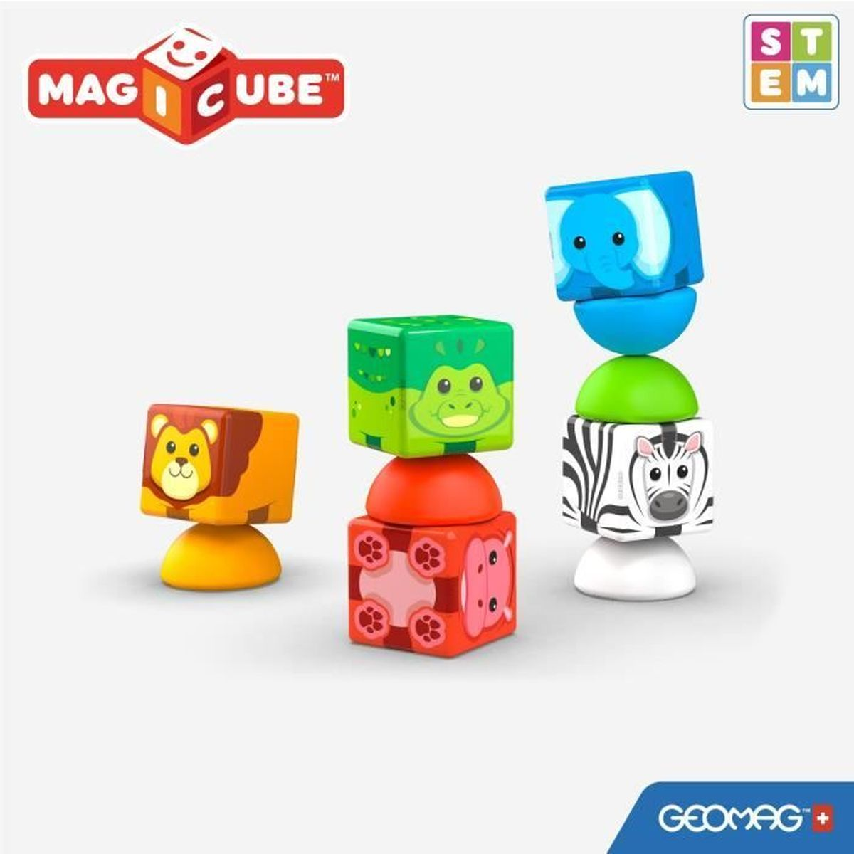 Blocchi magnetici colorati con facce di animali. Vengono mostrati un leone, un ippopotamo, un coccodrillo, una zebra e un elefante. I blocchi sono impilati.