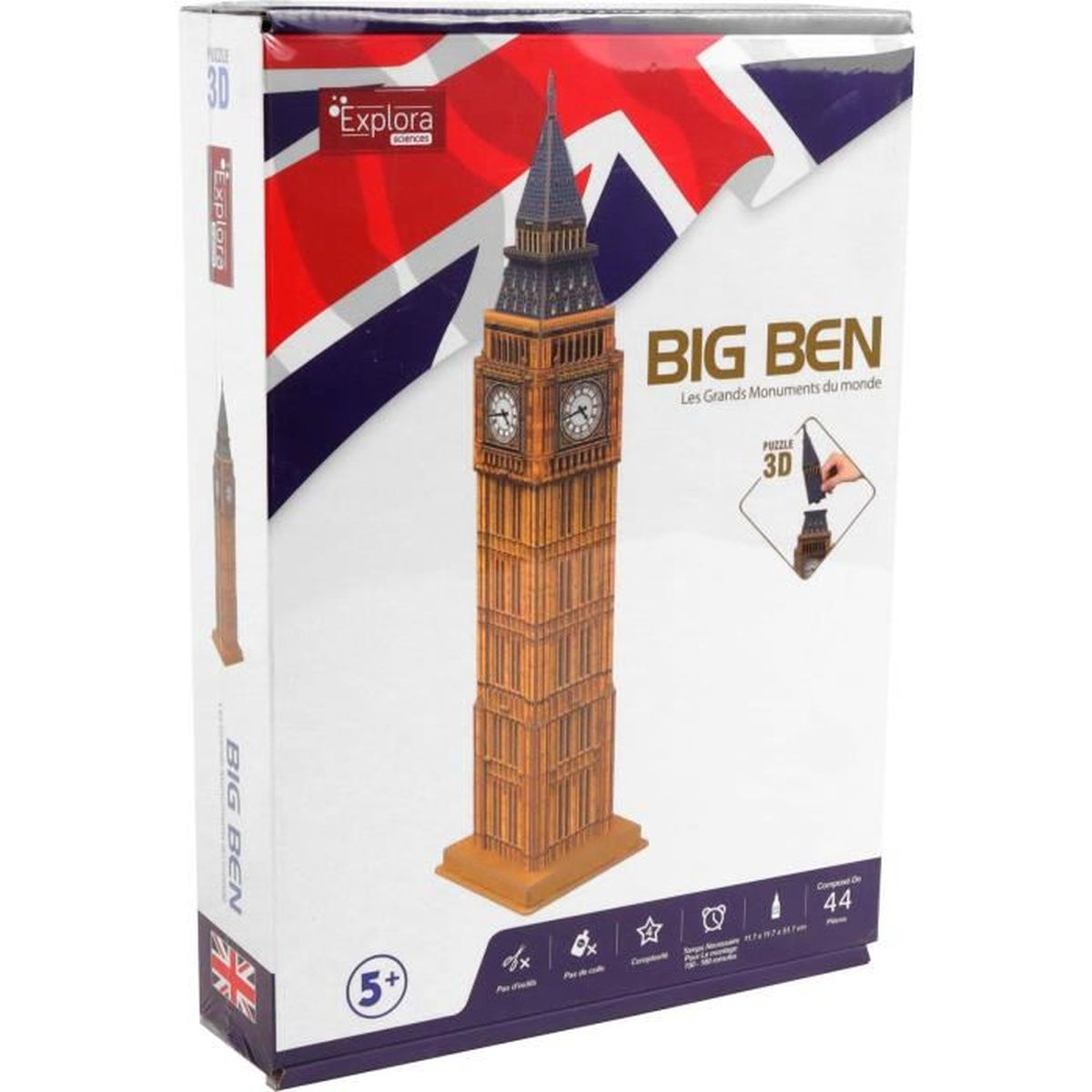 Una scatola di puzzle 3D del Big Ben. La scatola mostra un'immagine del puzzle finito e una bandiera britannica sullo sfondo.