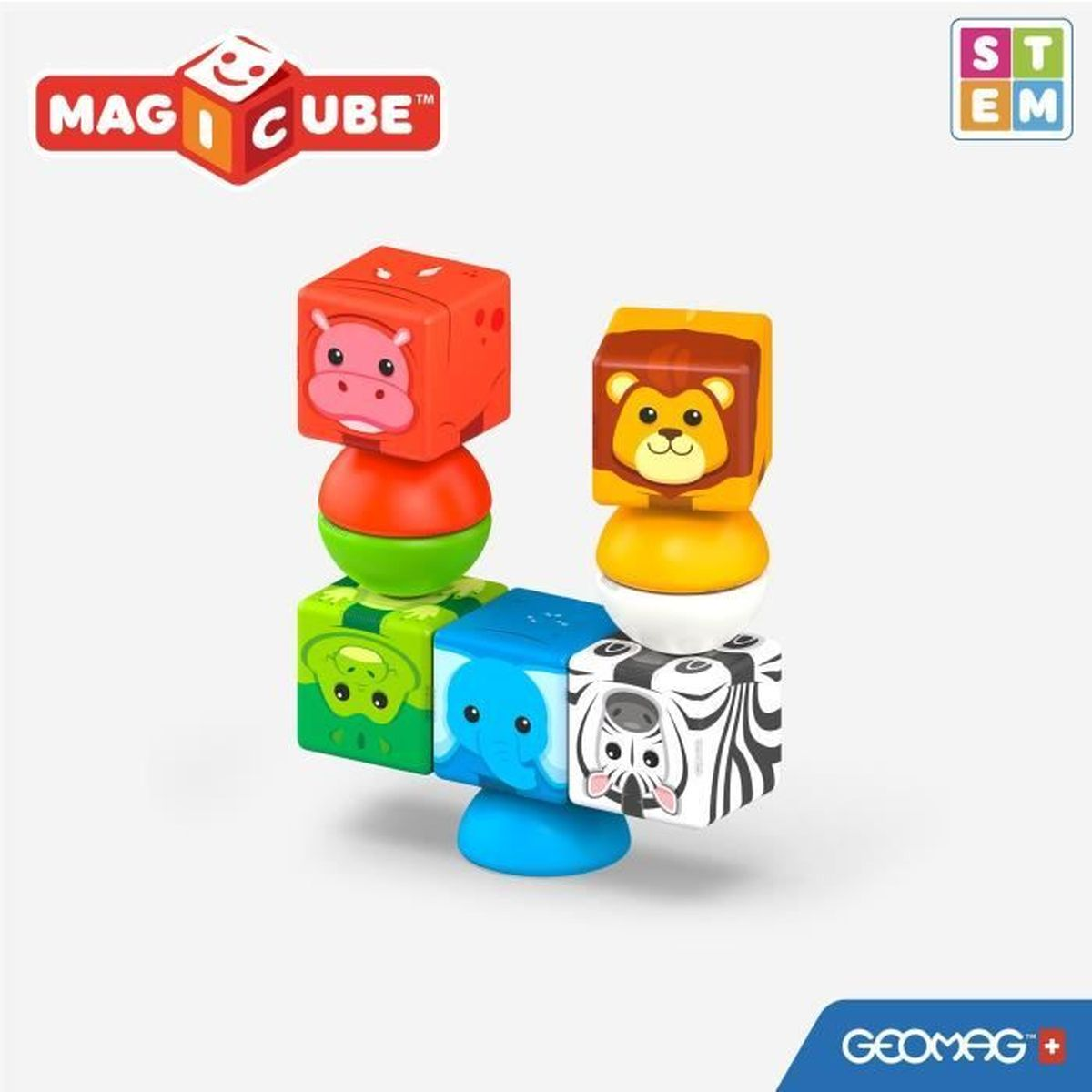 Blocchi magnetici colorati con facce di animali impilati. Sono visibili un ippopotamo, un leone, una rana, un elefante e una zebra. Il logo MAG CUBE è in alto.