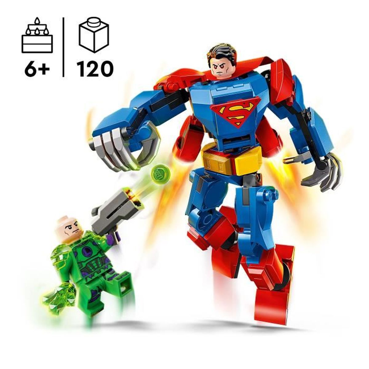 Figurka Lego Supermana w akcji przeciwko Lexowi Luthorowi. Superman w kolorze niebieskim i czerwonym. Lex Luthor w zielonym. Zielony pocisk Lego.