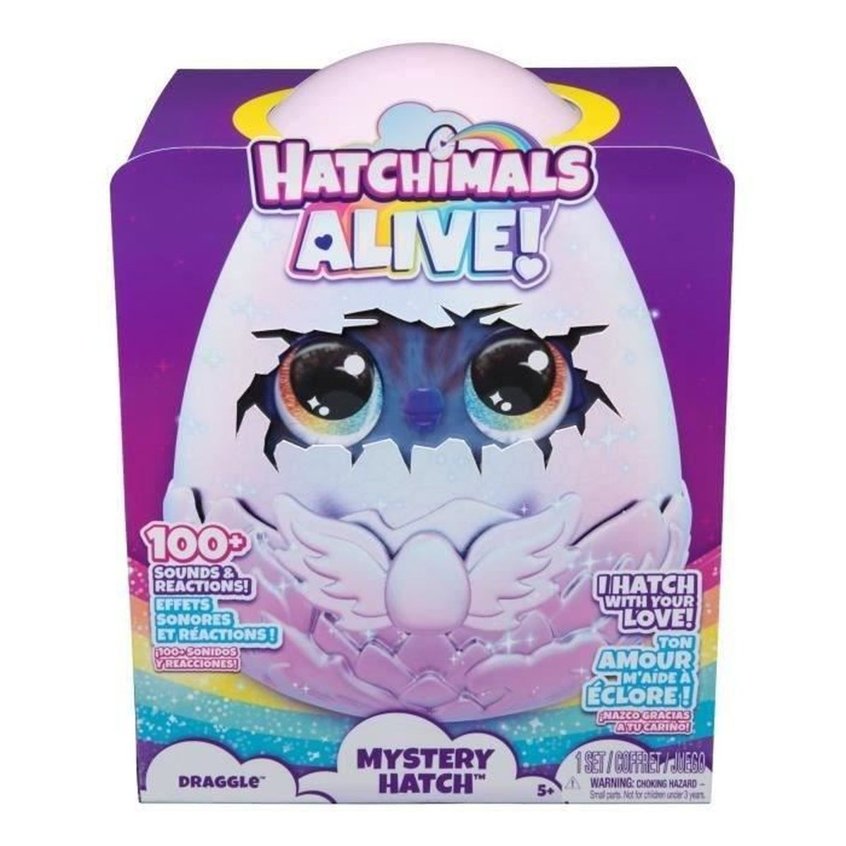 Eine Hatchimals Alive! Box. Sie zeigt ein Ei mit Augen, Flügeln und einem Regenbogen. Text lautet 'Mystery Hatch' und 'I hatch with your love!'