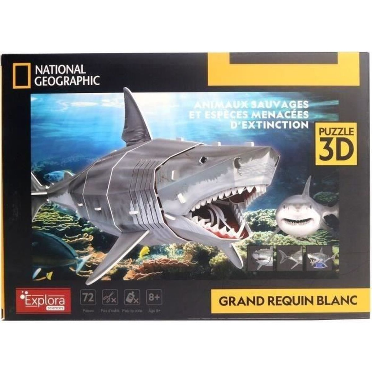 Una scatola con un puzzle 3D di uno squalo bianco. Presenta il logo National Geographic e testo in francese.