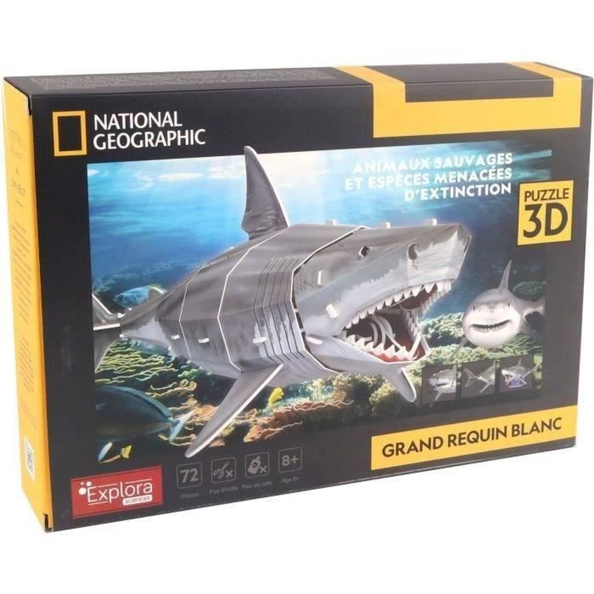 Una scatola con un puzzle 3D a forma di squalo, marchio National Geographic. Lo squalo è grigio con denti bianchi, la scatola dice 'Grand Requin Blanc'.