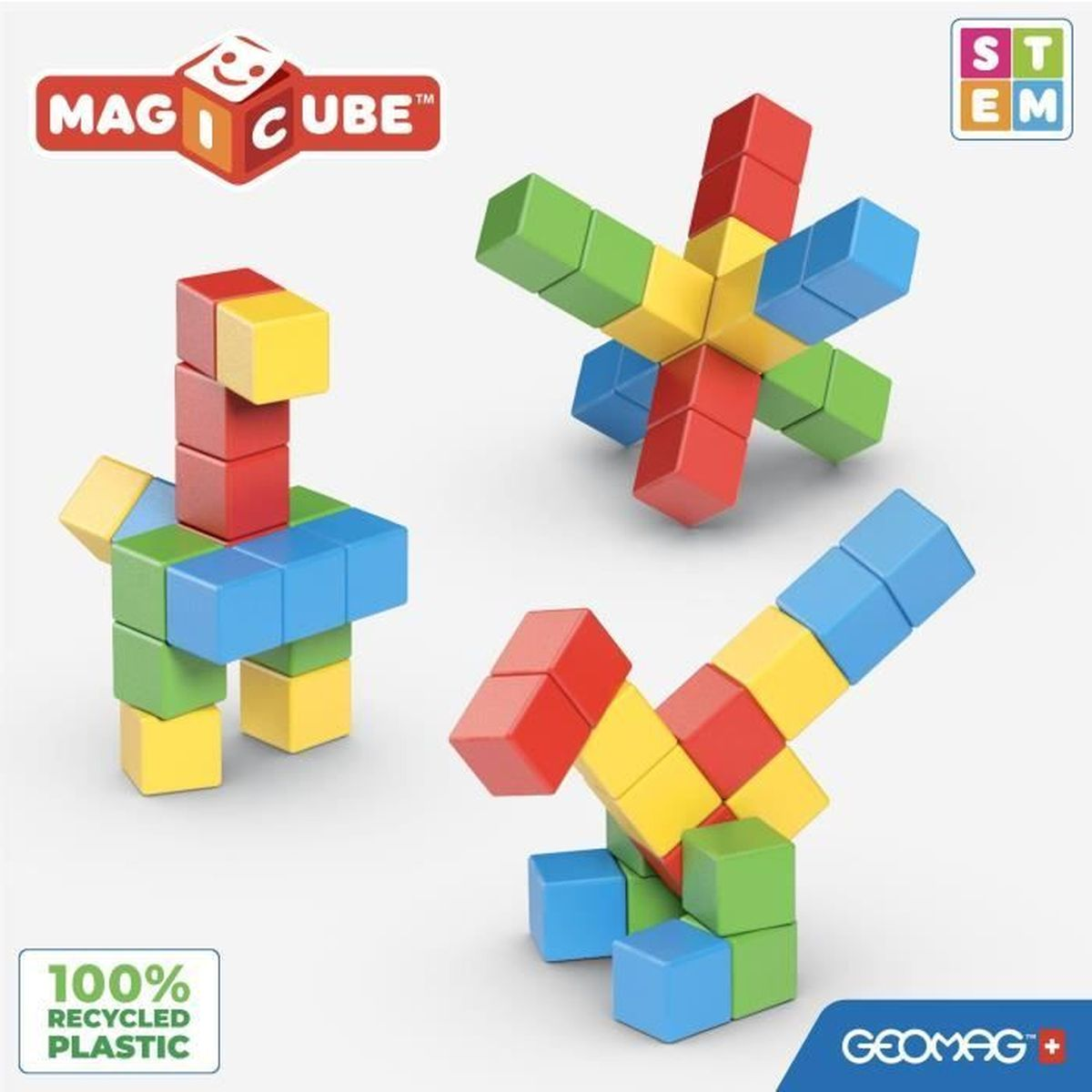 L'immagine mostra giocattoli a cubo magnetici in varie forme e colori. Sono visibili anche un logo e un testo sulla plastica riciclata.