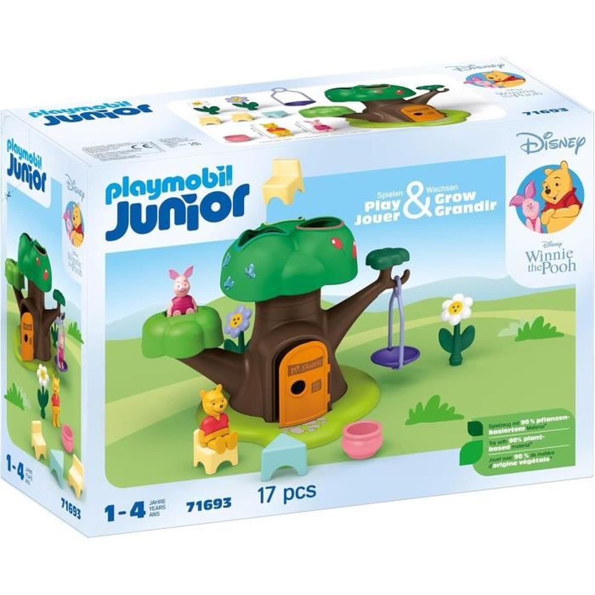 Un set Playmobil Winnie the Pooh sulla casa sull'albero. Sono presenti le figure di Winnie the Pooh e Pimpi. La scatola ha testo in più lingue.
