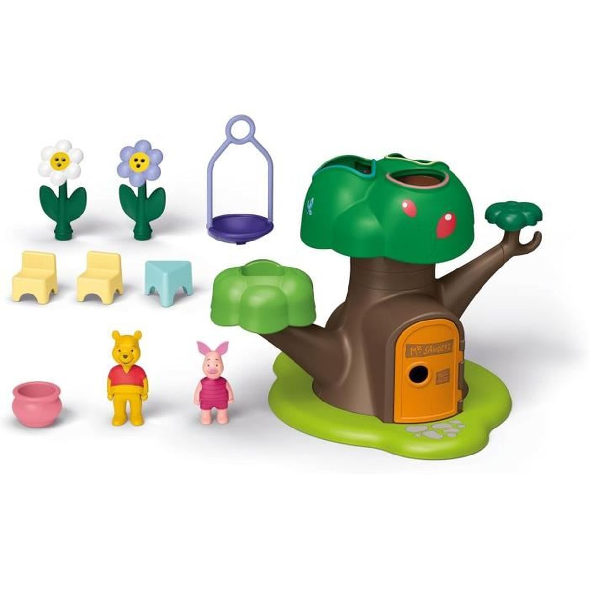 Un set di giocattoli con una casa sull'albero, personaggi di Winnie the Pooh e Piglet, fiori, sedie e un'altalena, tutti dai colori vivaci.