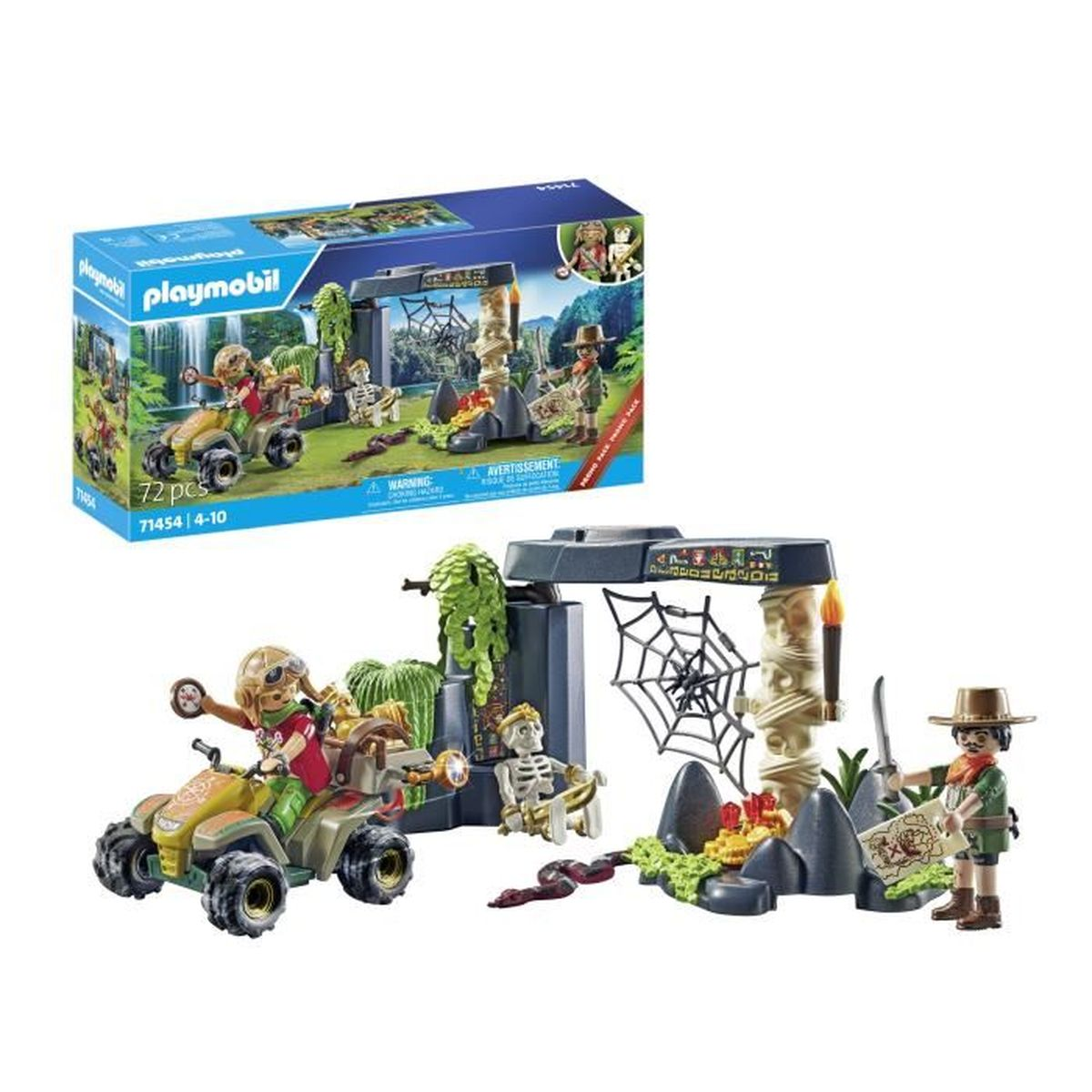 Zestaw Playmobil: Poszukiwacz na ATV, szkielet, łuk, mapa, pajęczyna. Pudełko na górze.