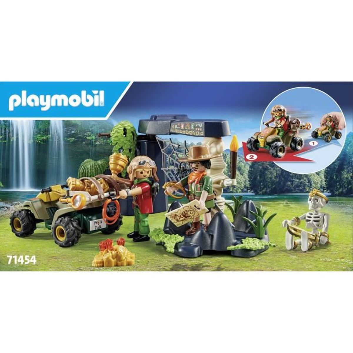 Zestaw Playmobil z figurkami, quadem, szkieletem i tłem wodospadu. Figurki trzymają mapę i pochodnię.