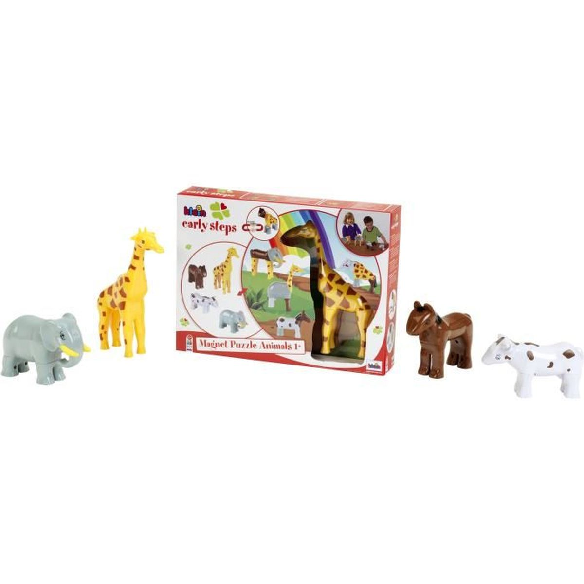 Figure di animali giocattolo, tra cui giraffa, elefante, cavallo e mucca, disposte attorno a una scatola di puzzle.