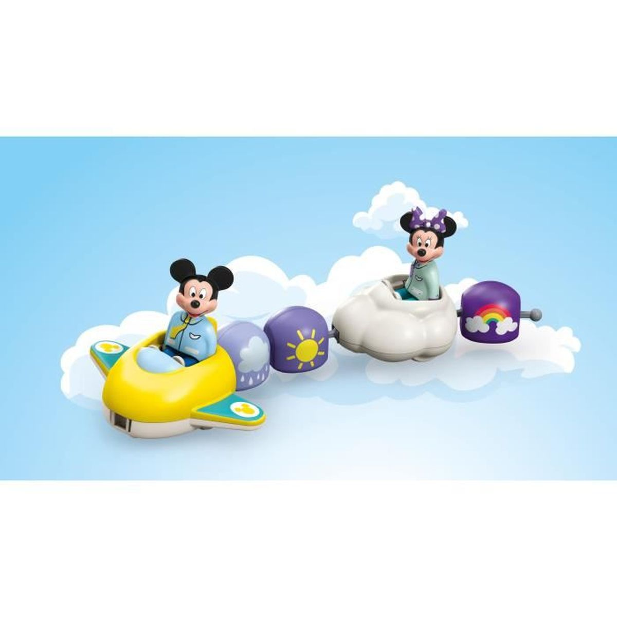 Mickey Mouse in a yellow plane and Minnie Mouse in a cloud car, with purple sun, rain, and rainbow elements against a blue sky.