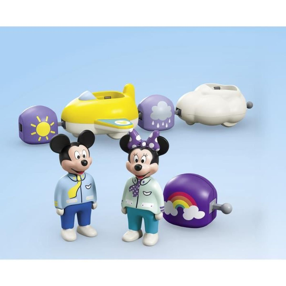 Mickey and Minnie Mouse figures with toy vehicles like airplane and car. Colorful toys with a blue background.
