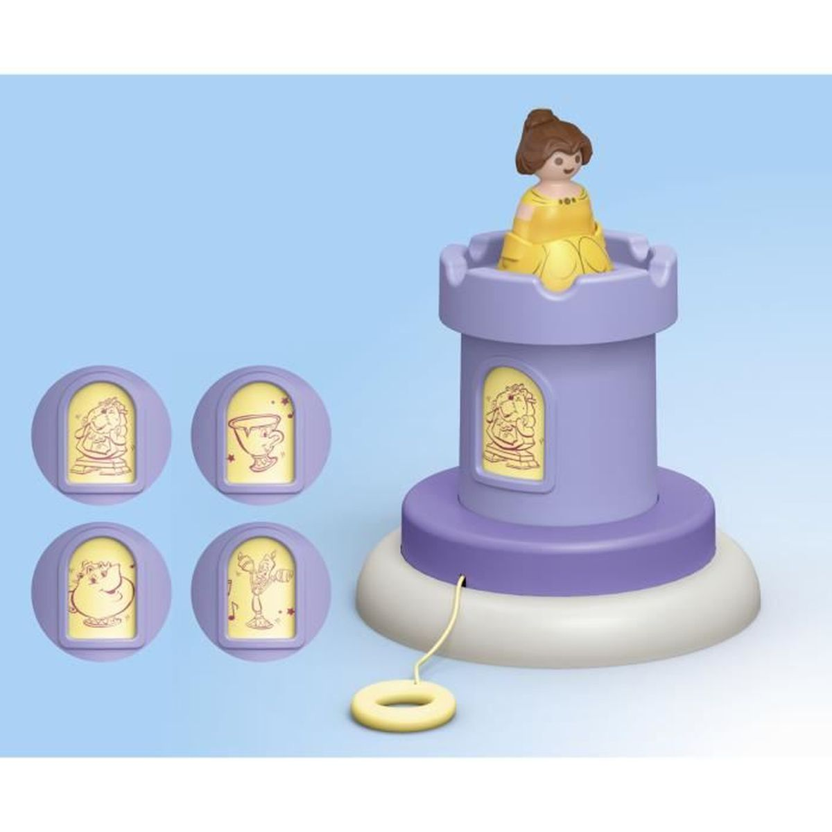 Un castello giocattolo con una figura di principessa. Ci sono quattro piccole immagini a sinistra. Il castello è viola e bianco.