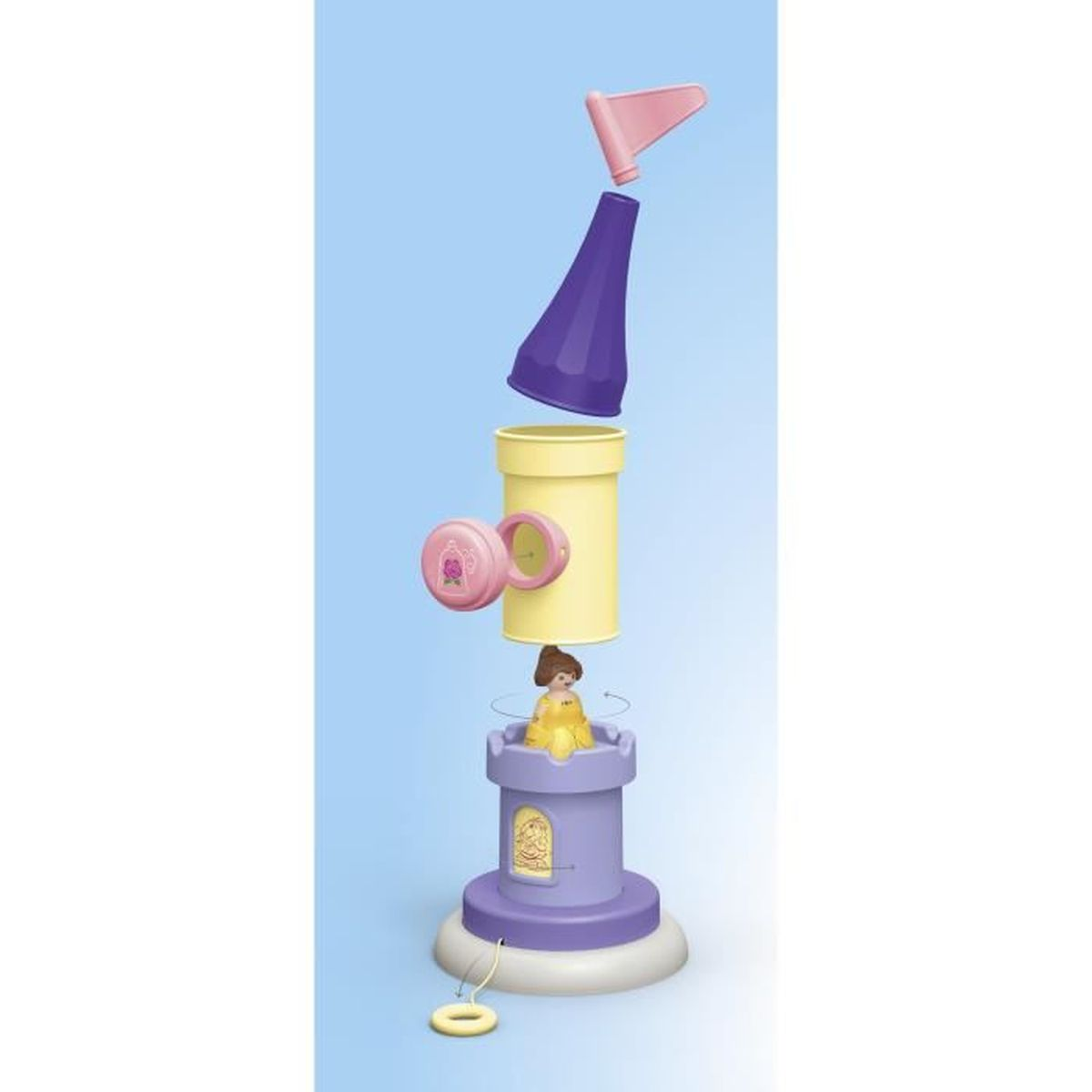 Un castello giocattolo smontato con una figura di principessa. Le parti includono una base viola, un tubo giallo, una bandiera rosa e un cono viola.