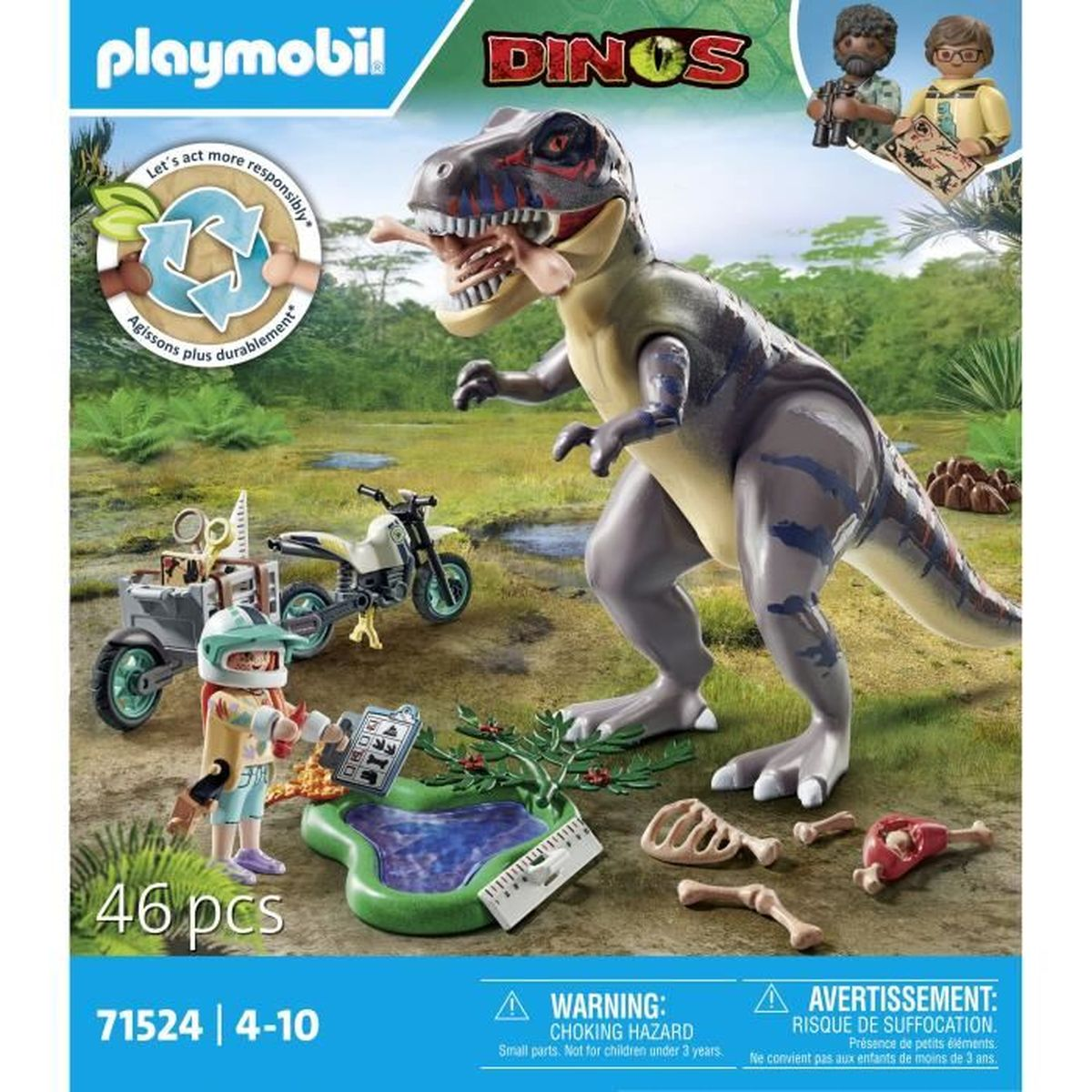 Ein Playmobil-Set zeigt einen Dinosaurier, Figuren, ein Motorrad und Zubehör. Der Dinosaurier steht im Mittelpunkt.