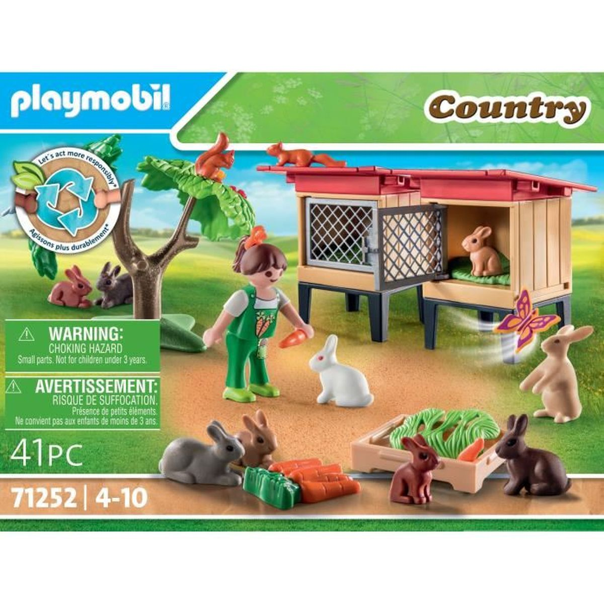 Playmobil-Set mit einer Kinderfigur, Kaninchen, einem Stall und Karotten. Ein Eichhörnchen ist auf einem Baum. Landhaus-Thema.