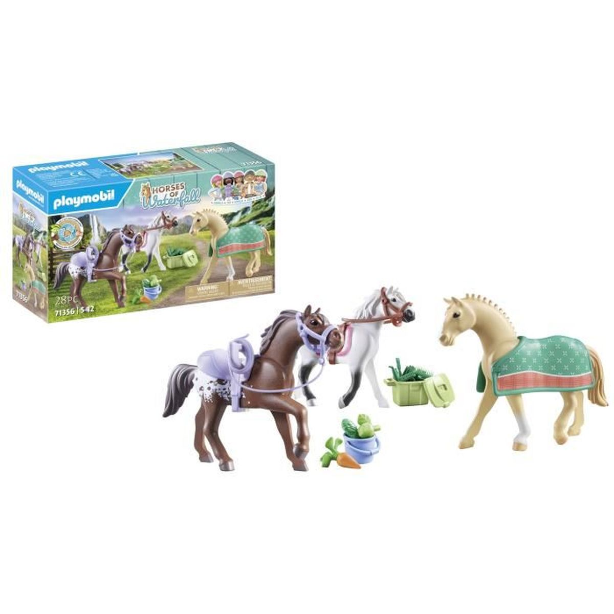 Un set de Playmobil con caballos de juguete, accesorios y una caja. Se ven tres caballos, uno marrón, uno blanco y uno tostado.