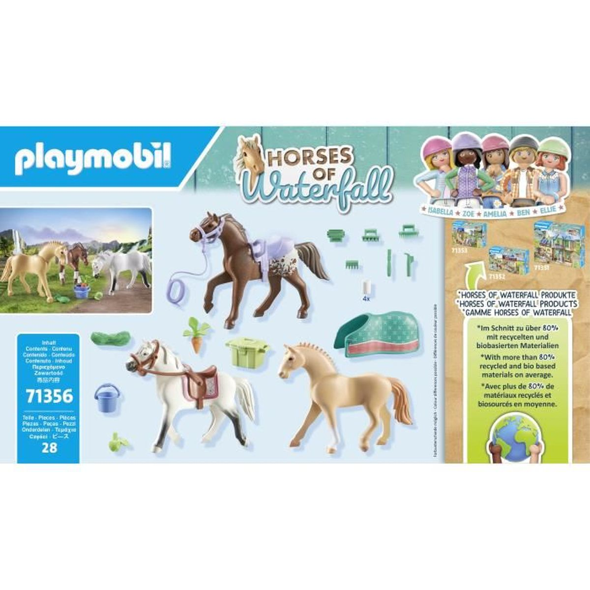 Set Playmobil Horses of Waterfall. Incluye figuras de caballos, accesorios y texto promocional sobre materiales reciclados.