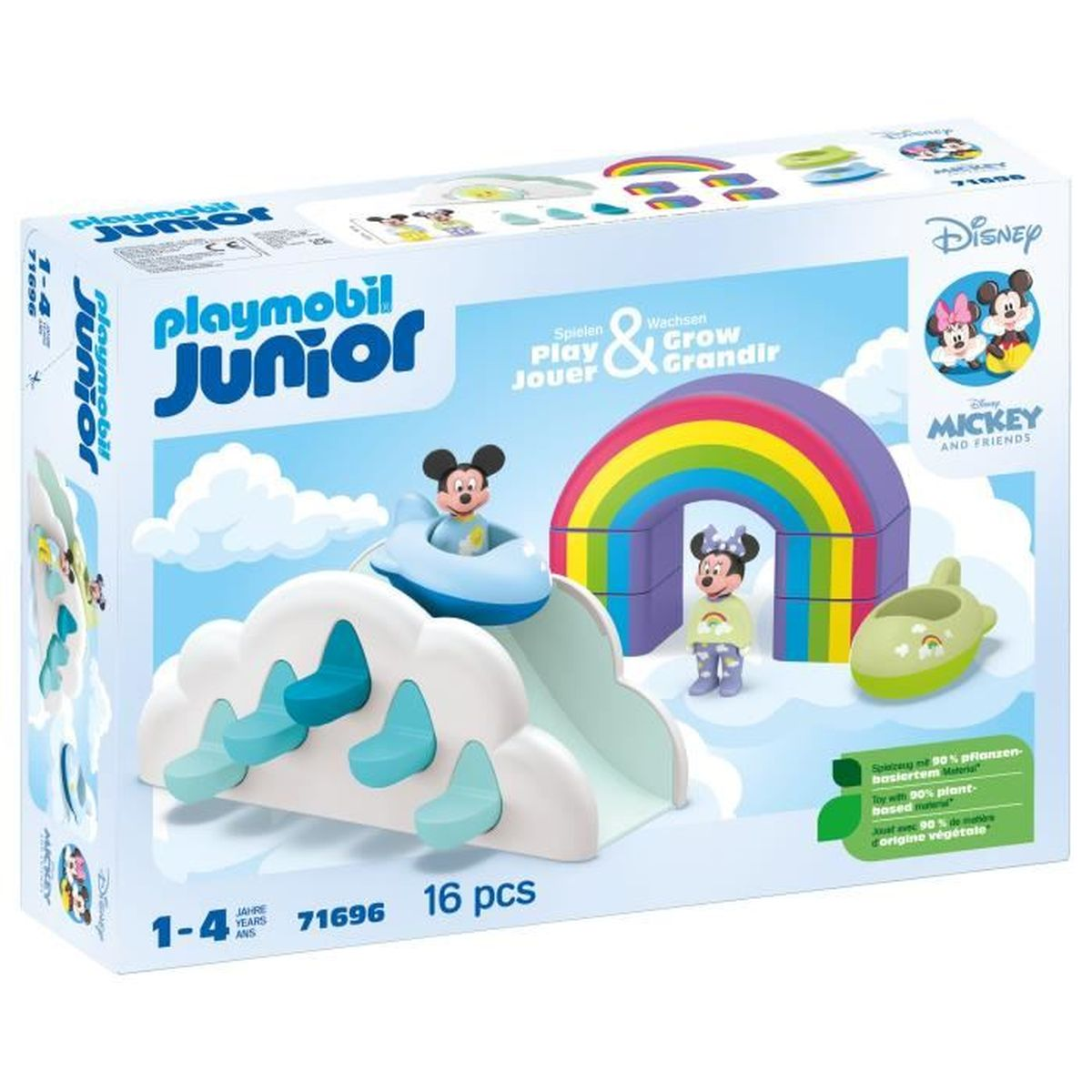 Un set Playmobil Junior con personaggi di Topolino e Minnie, uno scivolo, una nuvola e un arcobaleno. La scatola dice 'Mickey and Friends'.