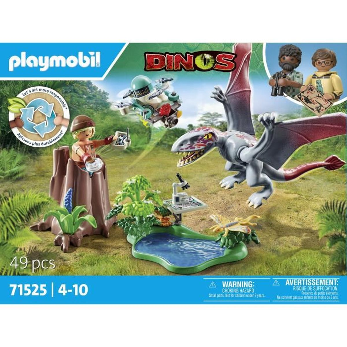 Set Playmobil Dinos. Include un dinosauro, personaggi, uno stagno, un drone ed elementi di alberi. Il set include 49 pezzi.