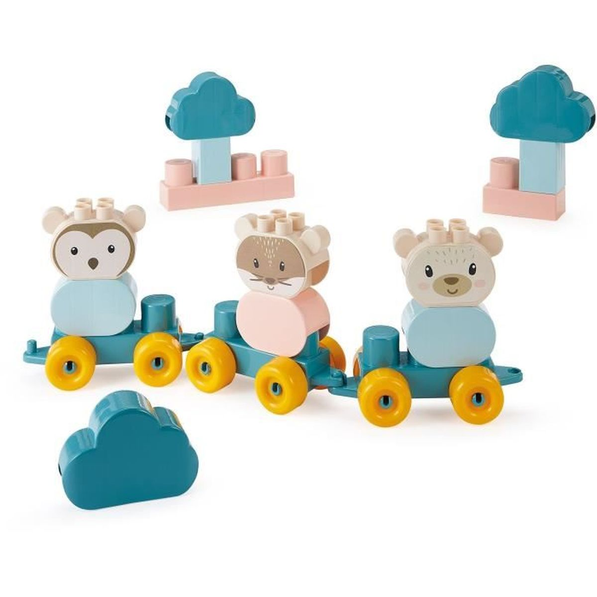 Set di trenini giocattolo con vagoni a forma di animali e blocchi a forma di nuvola. Colori: blu, giallo, rosa e beige.