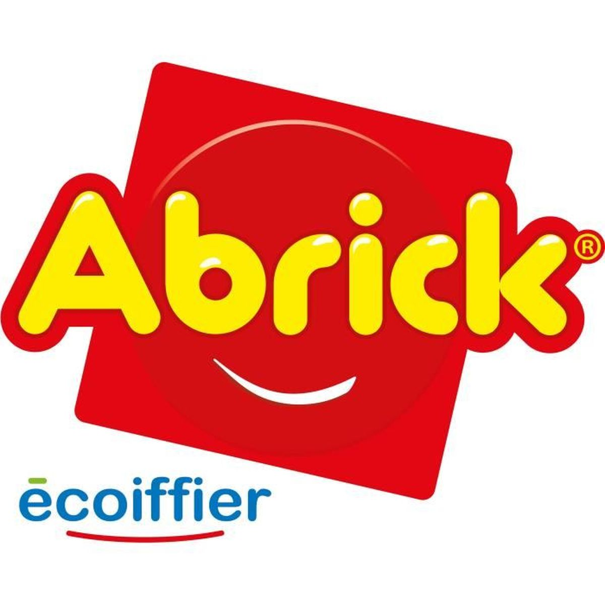 Logo zawiera żółty napis 'Abrick', czerwone tło, uśmiechniętą twarz i niebieski napis 'écoiffier' poniżej.