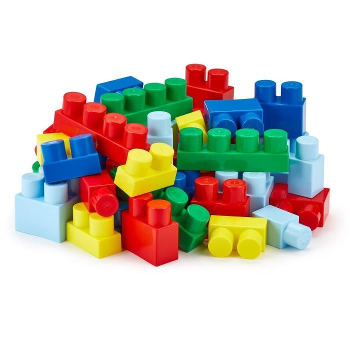 Ein Haufen bunter Bausteine in Rot, Gelb, Grün, Blau und Hellblau. Die Bausteine haben unterschiedliche Formen und Größen.