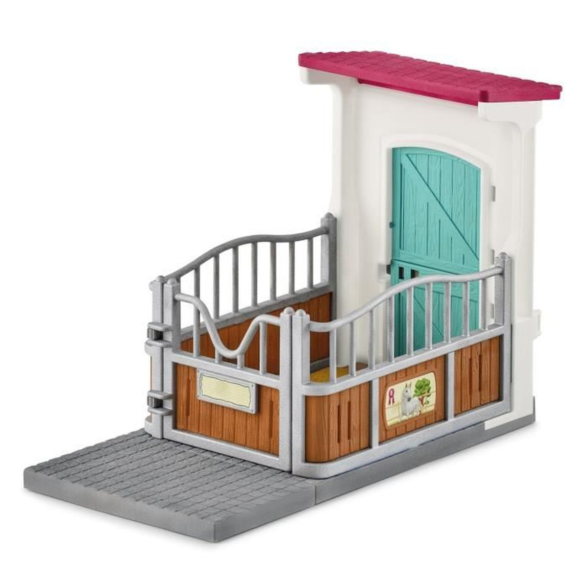 Una stalla giocattolo con tetto rosso, porta turchese e recinzioni in legno. Una rampa conduce all'ingresso.