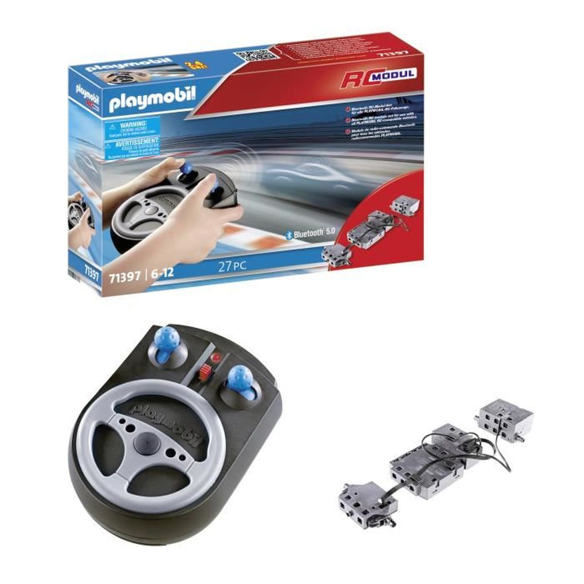 Playmobil RC Modul Box und Komponenten. Enthält Lenkradfernbedienung, elektronische Teile und ein Auto auf der Box.