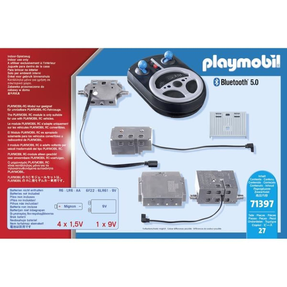 Playmobil RC-Set-Komponenten. Fernbedienung, Empfängermodule, Batterieinformationen und Produktdetails auf weißem Hintergrund.