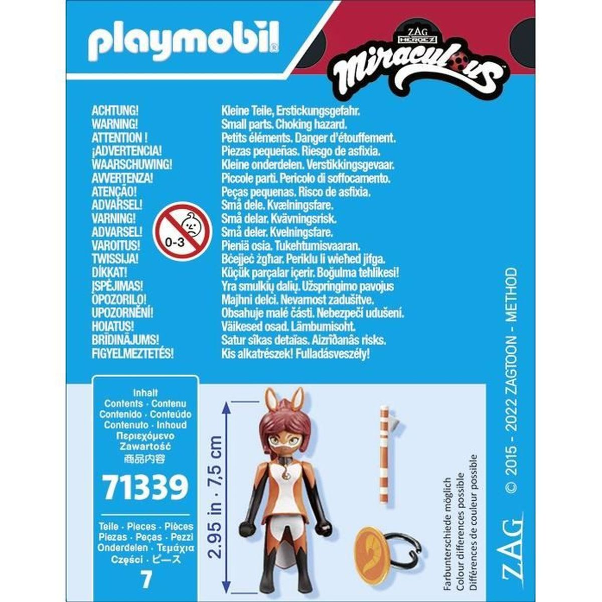 Una figura Playmobil di un personaggio Miraculous. La figura ha i capelli castani e un abito a tema volpe, con accessori.